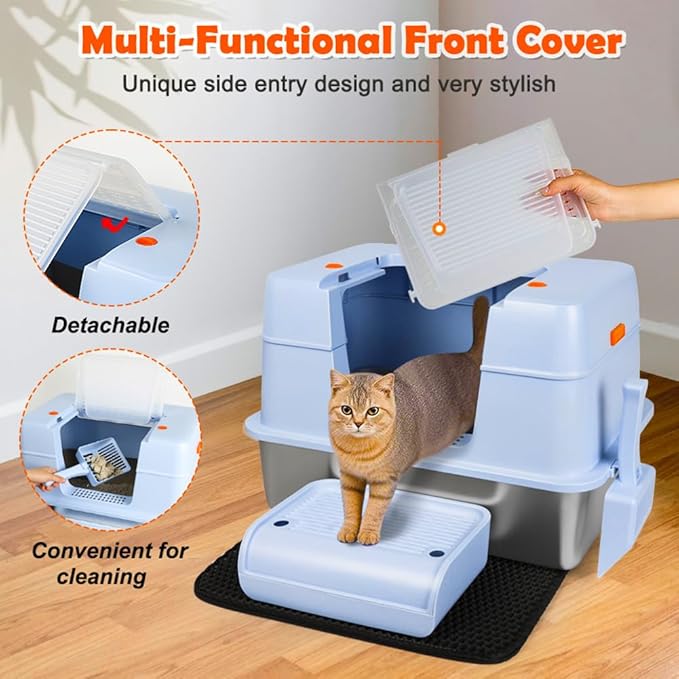 Vivifying Stainless Steel Litter Box with Lid, XL Side Entry Extra Large Litter Box for Big Cats &amp; Kitty, Removable Enclosed Metal Cat Pan with High Sided Enclosure, Scoop, Mat, Footboard (Blue)
