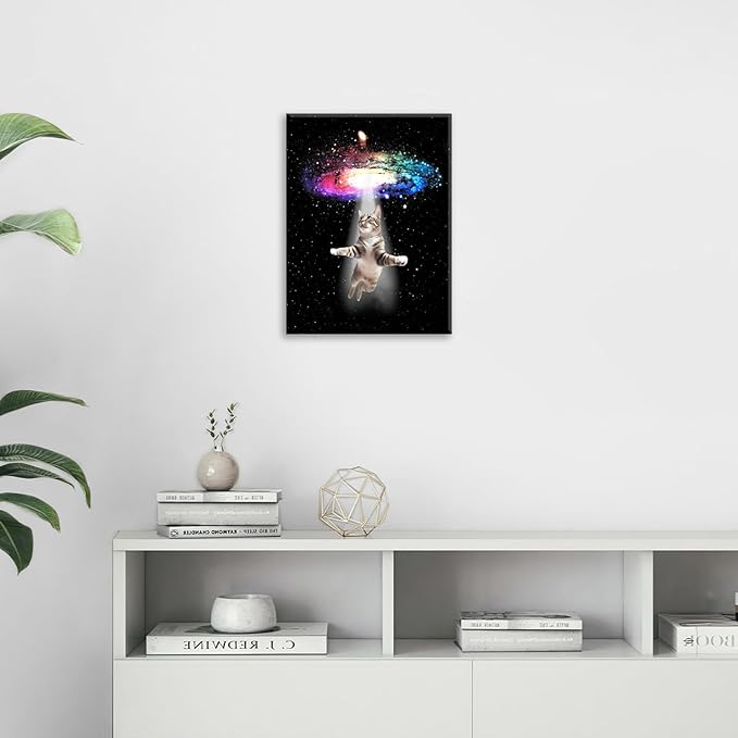 Funny Cat Wall Art Canvas Galaxy Wall Decor Prints Framed Painting Animal Pictures Gifts Artwork for Bathroom Living Dining Kitchen 16"x20"