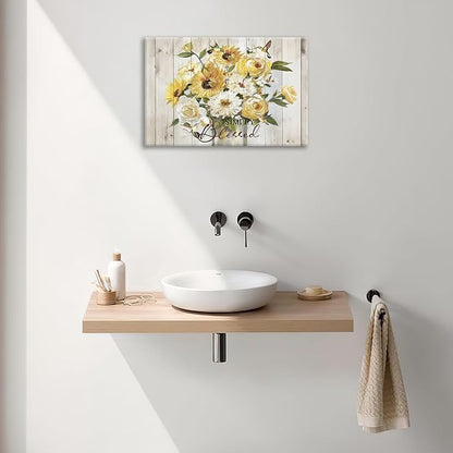 Sunflower Bathroom Pictures Wall Art, Simple Blessed Floral Bathroom Wall Decor, Flower Framed Painting Canvas Artwork for Bedroom Living Room Decorations 24"L x 16"W