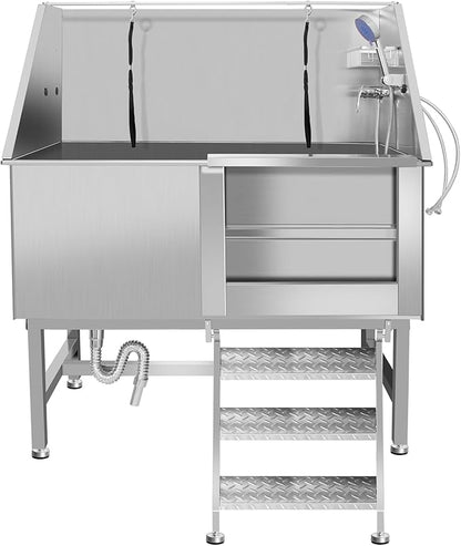 50" Pet Dog Bathing Station W/Ramp, Professional Stainless Steel Dog Grooming Tub W/Storage Drawer, Floor Grate, Faucet, Dog Bathtub for Large,Medium, Small Pets, Washing Sink for Home