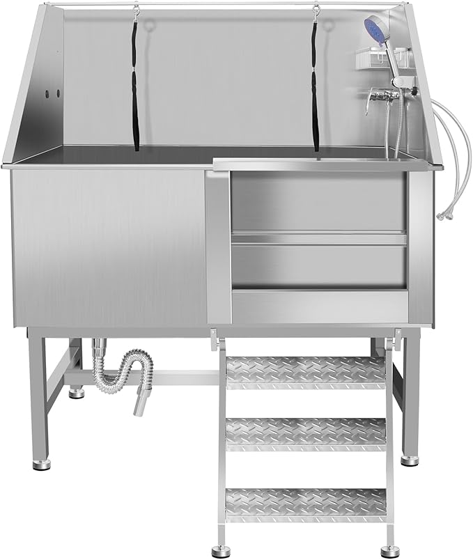 50" Dog Washing Station, Professional Stainless Steel Dog Bathing Station, Equipped/W Three Anti-Slip Steps, Removable Door, Upgraded Spray Nozzle&amp;Hose - for Home, Pet Grooming Salon (50" Right ramp)