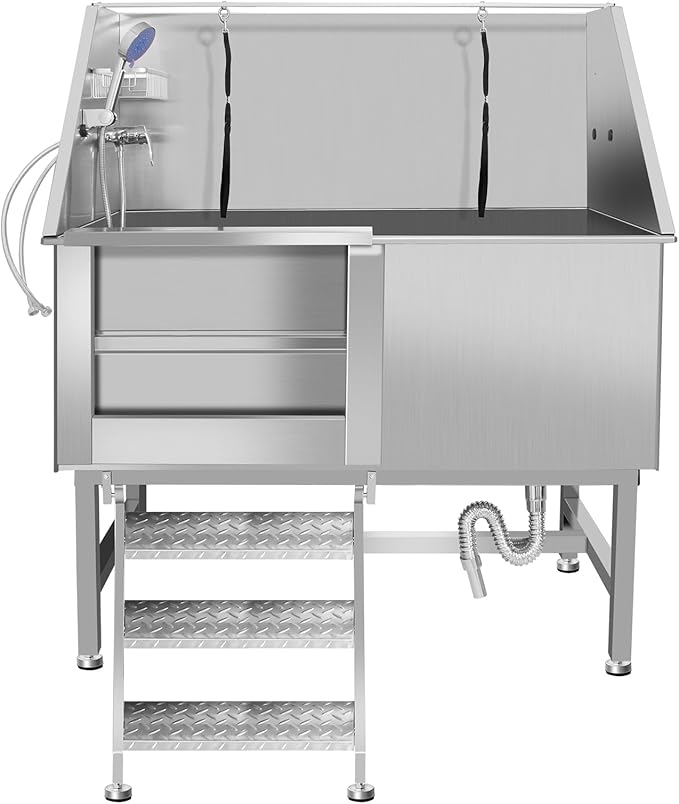 50" Dog Washing Station, Professional Stainless Steel Dog Bathing Station, Equipped/W Three Anti-Slip Steps, Removable Door, Upgraded Spray Nozzle&amp;Hose - for Home, Pet Grooming Salon (50" Left ramp)