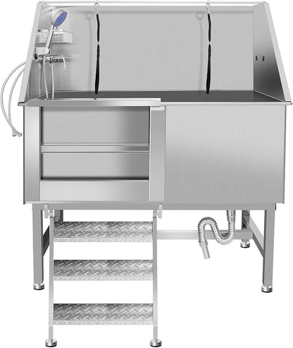 50" Dog Washing Station, Professional Stainless Steel Dog Bathing Station, Equipped/W Three Anti-Slip Steps, Removable Door, Upgraded Spray Nozzle&amp;Hose - for Home, Pet Grooming Salon (50" Left ramp)