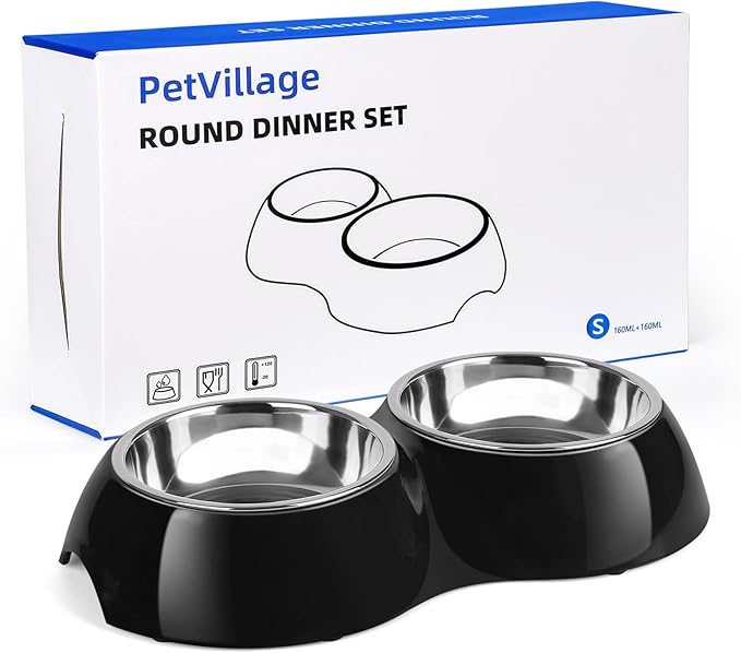 Stainless Steel Dog Bowls Set – Dual Non-Slip Pet Dishes with 2 Small (1 Cup*2) Bowls &amp; Durable Resin Stand – Food &amp; Water Feeder for Puppies, Cats, and Medium Dogs – Black