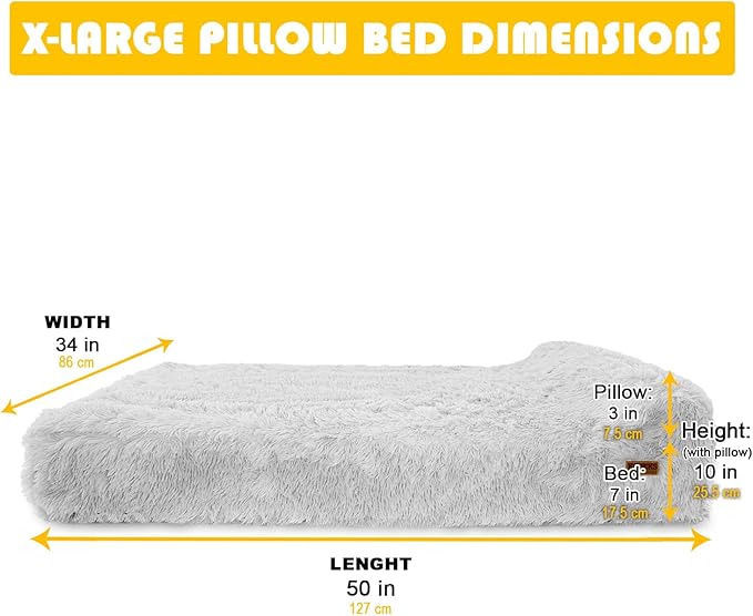 KOPEKS Orthopedic Memory Foam Dog Bed 7" Inch Thick Extra Large Dog Bed with Pillow Fluffy Grey 50"x34"x10" Includes Waterproof Liner &amp; Durable Removable Cover with Smart Design