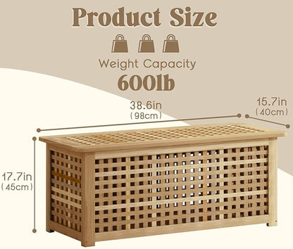 Bench with Storage, Acacia Laundry Hamper with Seat, Storage Benches with Seating for Entryway, Living Room, Bedroom, Bathroom (15.7x38.6x17.7in)