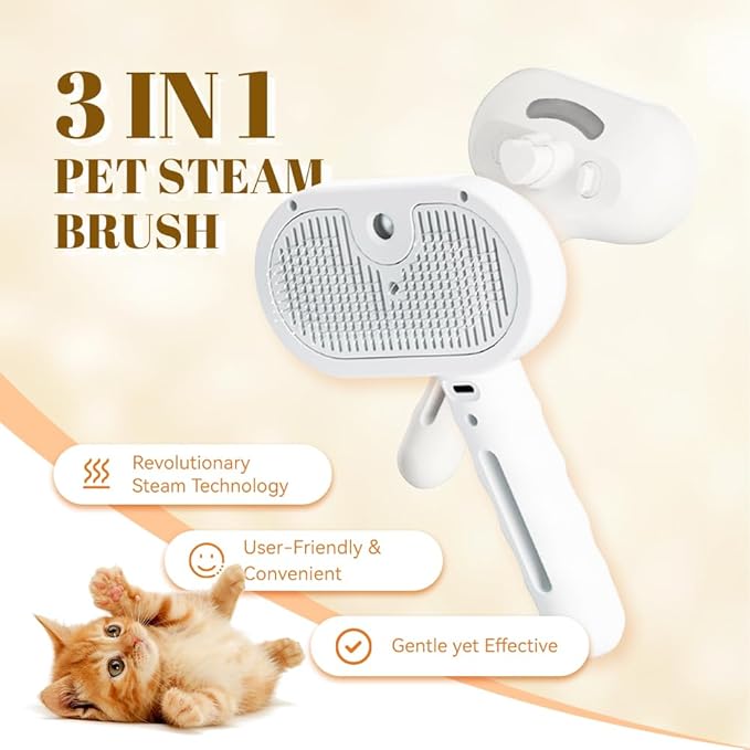 Cat Steam Brush, 3 in 1 Pet Spray Hair Removal Comb for Shedding &amp; Grooming, Pet Grooming Brush with Spray, One-Click Release Button and Tank, Spritz Defur Comb for Cats Dogs, Effective(White)