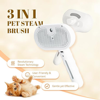Cat Steam Brush, 3 in 1 Pet Spray Hair Removal Comb for Shedding &amp; Grooming, Pet Grooming Brush with Spray, One-Click Release Button and Tank, Spritz Defur Comb for Cats Dogs, Effective(White)