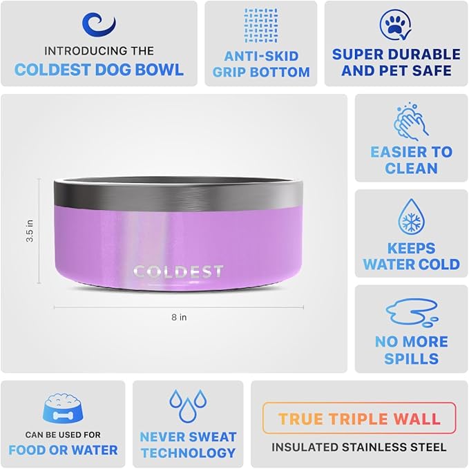 Coldest Dog Bowl - Anti Rust Metal, Non Slip, 3 Layers Insulated Stainless Steel Dog Bowls - Spill Proof &amp; Heavy Duty - Water Bowl for Dogs, Cats, Dish Washer Safe (64 oz, Saturns Purple Glitter)