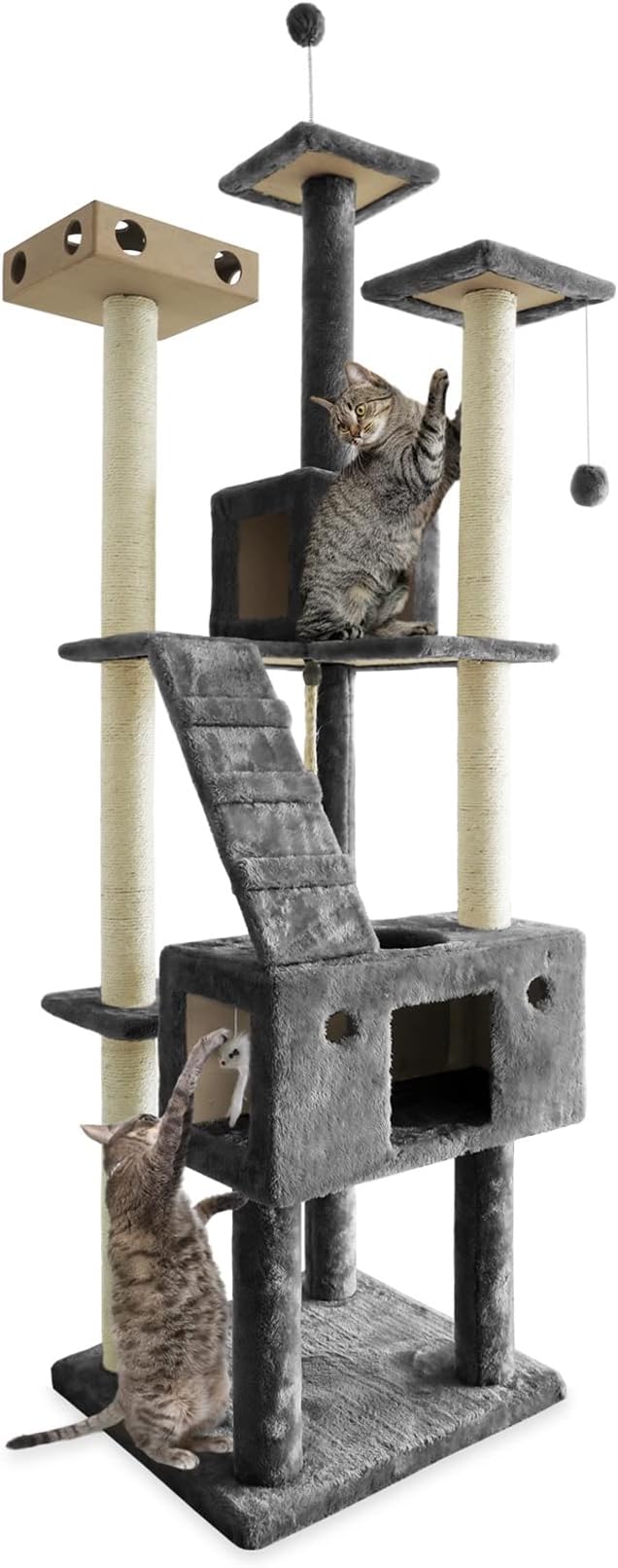 Furhaven 69.3" Tall Cat Tree for Indoor Cats, Ft. Sisal Scratching Posts, 2x Cat Condos, &amp; Toys - Tiger Tough Double Decker Interactive Playground Tower - Silver Gray, One Size