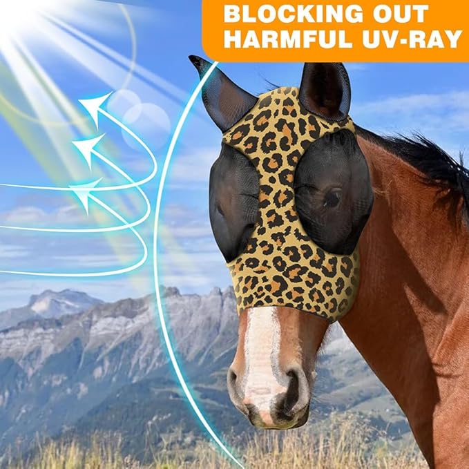 Horse Fly Mask with Ears - Comfort Fit, Durable &amp; Breathable, Easy to on/Off | UV Protection, Large Eye Space, Stretchy Leopard Print (2pcs Large, Tangle-Free)