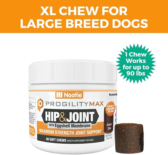Nootie ProgilityMAX Hip &amp; Joint Supplement for Large Dogs, Maximum Strength Dog Joint Support with Eggshell Membrane, Glucosamine and Chondroitin, 60 Count