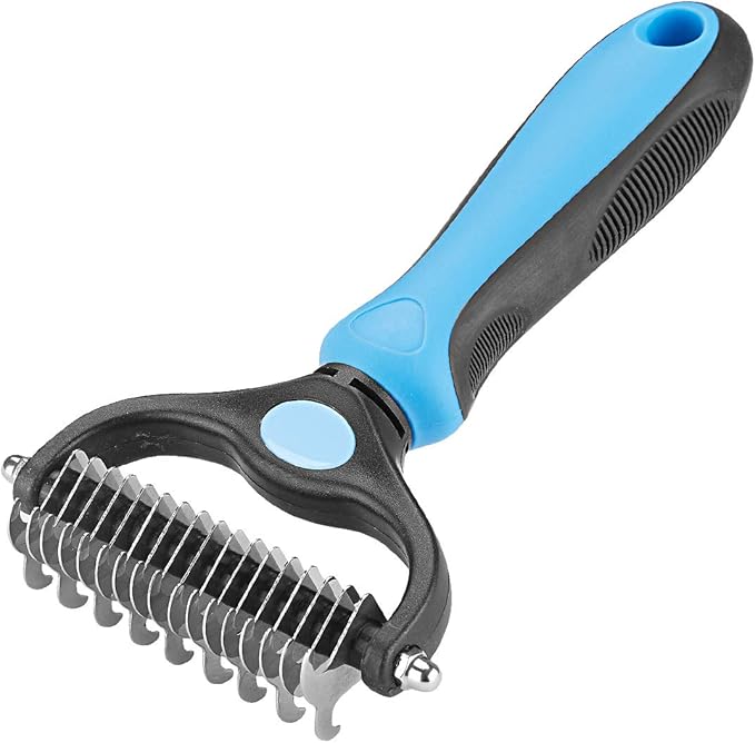 Pet Grooming Tool - 2 Sided Undercoat Rake for Cats and Dogs - Safe Dematting Comb for Easy Mats &amp; Tangles Removing - No More Nasty Shedding and Flying Hair