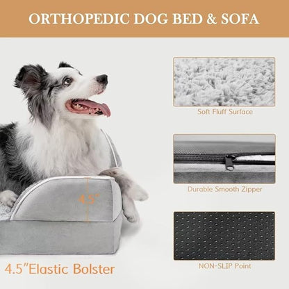 Comfort Expression Large Dog Beds Orthopedic Foam, Waterproof Dog Beds for Dogs Sofa Comfy Pet Bed with Washable Removable Cover &amp; Non-Slip Bottom(Large,Grey White)