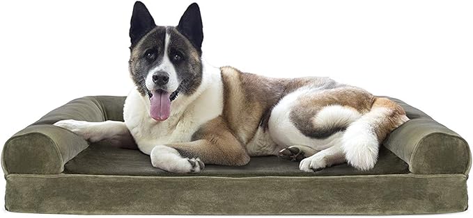 Furhaven Cooling Gel Dog Bed for Large Dogs w/ Removable Bolsters &amp; Washable Cover, For Dogs Up to 95 lbs - Faux Fur &amp; Velvet Sofa - Dark Sage, Jumbo/XL