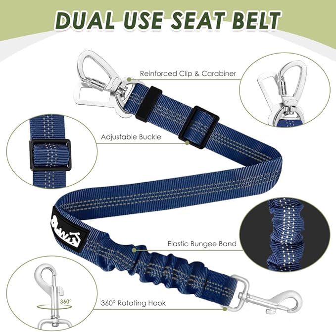 Lukovee Dog Seat Belt for Car, Adjustable Dog Car Harness for Large Medium Small Dogs, Soft Padded &amp; Breathable Mesh Dog Seatbelt with Car Strap and Carabiner(Blue Double Clip,Large)