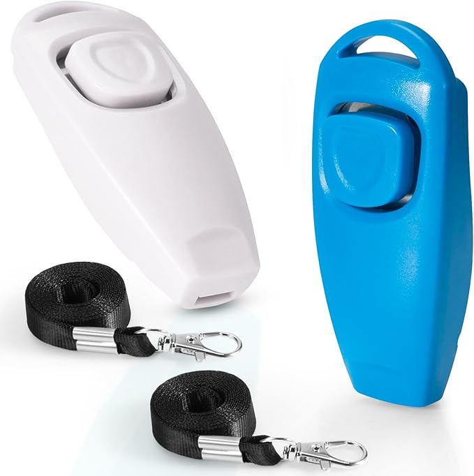 2-in-1 Dog Training Clicker Whistle for Training and Recall, Training Accessories for Puppy, Cats, Horses &amp; Small Animals - 2 Pack with Lanyard, Reward Your Pets Efficiently(White + Light Blue)