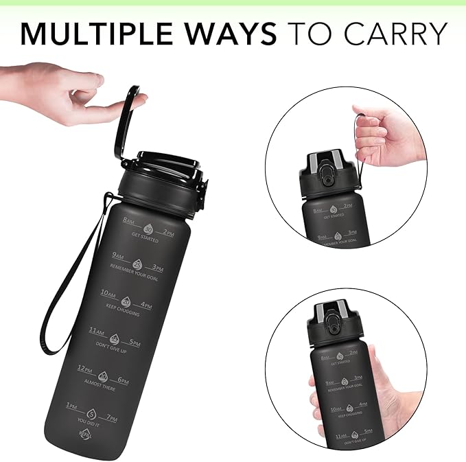 32oz Motivational Water Bottles with Time Marker &amp; Fruit Strainer, Transparent Gradient Color Water Bottle with Times to Drink, Leakproof &amp; BPA Free, Reusable Bottle with Strap (No Straw)
