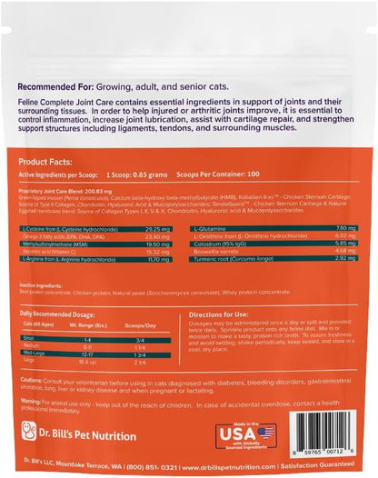 Dr. Bill’s Feline Complete Joint Care | Advanced Hip &amp; Joint Supplement for Cats | Green Lipped Mussel Extract, Collagen Type II, Chondroitin, Hyaluronic Acid, Omega 3 and Colostrum | Powder, 85g