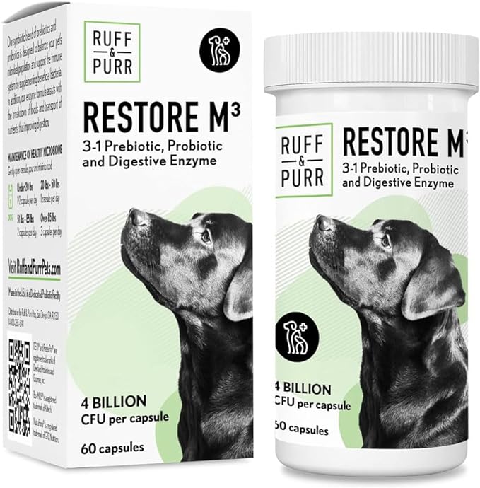 Ruff &amp; Purr Probiotics for Dogs – 3-in-1 Probiotics, Prebiotics and Digestive Enzymes for Gut Health, Immune Support, Healthy Skin and Coat – Clinically Studied DE111 &amp; PreforPro