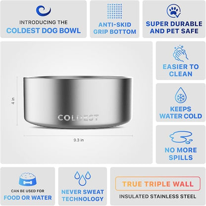 Coldest Dog Bowl - Anti Rust Metal, Non Slip, 3 Layers Insulated Stainless Steel Dog Bowls - Spill Proof &amp; Heavy Duty - Water Bowl for Dogs, Cats, Dish Washer Safe (100 oz,Polished Stainless Steel)