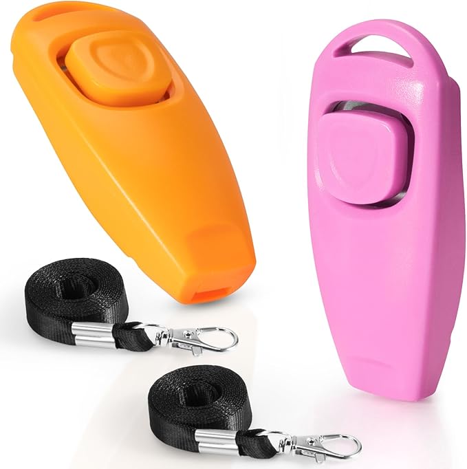 2-in-1 Dog Training Clicker Whistle for Training and Recall, Training Accessories for Puppy, Cats, Horses &amp; Small Animals - 2 Pack with Lanyard, Reward Your Pets Efficiently(Pink + Orange)