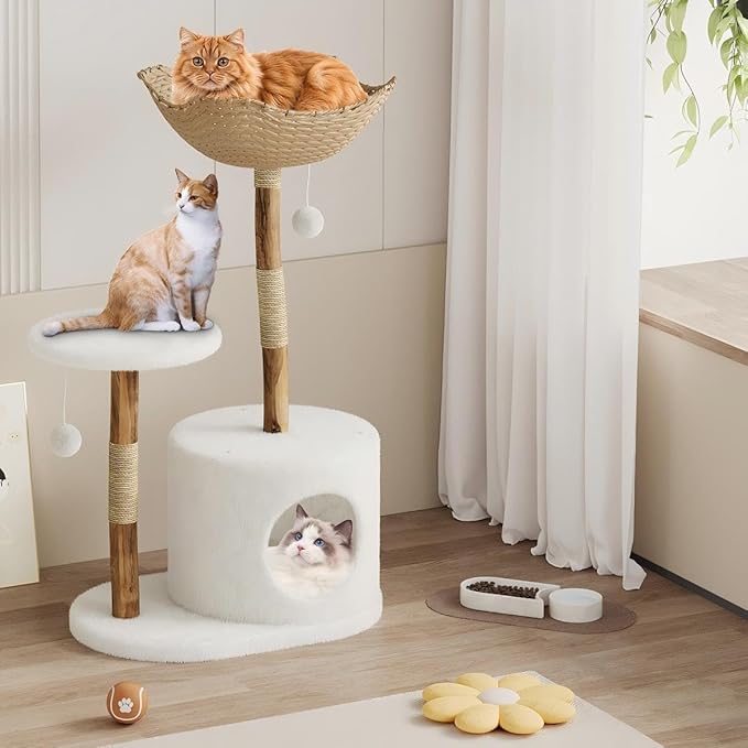 Modern Wood Cat Tree Tower for Large Cats | Luxury Solid Pear Wood Condo with Platforms, Scratching Posts &amp; All-Season Mats, 43" Aesthetic Cat Furniture, 1 Branch