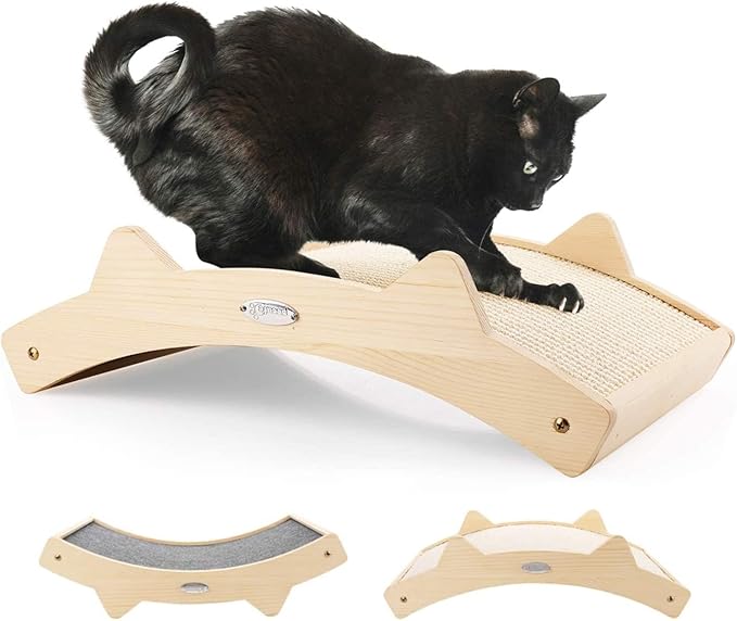 Double-Sided Cat Scratcher With Natural Sisal + Carpet Cloth, Durable Solid Wooden Structure Scratch Pad for Indoor Cats, Scratcher Lounge, 16.5 x 10.8in