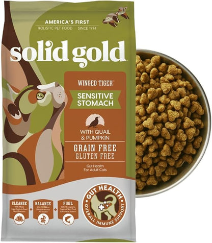 Solid Gold Sensitive Stomach Dry Cat Food - Grain Free &amp; Gluten Free Sensitive Stomach Cat Food for Indoor Adult &amp; Senior Cats - Dry Kibble for Cats w/Quail, Pumpkin &amp; Probiotics for Gut Health - 6lb