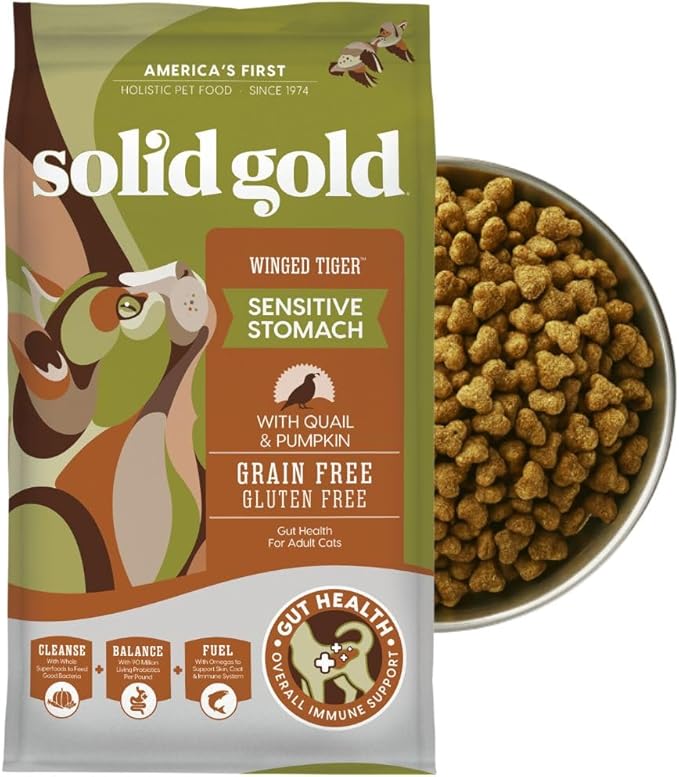 Solid Gold Sensitive Stomach Dry Cat Food - Grain Free &amp; Gluten Free Sensitive Stomach Cat Food for Indoor Adult &amp; Senior Cats - Dry Kibble for Cats w/Quail, Pumpkin &amp; Probiotics for Gut Health - 3lb