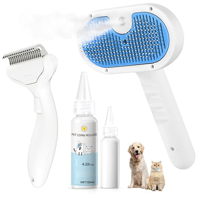 Pet Steam Brush for Dog &amp; Cat - 3-in-1 Steam Grooming Brush for Shedding - Self Cleaning Spray Comb with Mist for Long Haired Pets - Includes Waterless Shampoo &amp; undercoat rake, Blue
