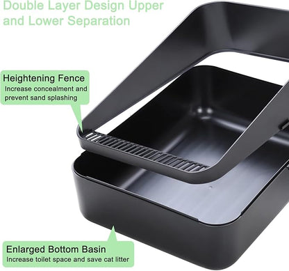 Sfozstra Open Top Litter Box: Black Medium Size with High Sides &amp; Anti Leak Design, Easy Clean Litter Pan for Home Cats