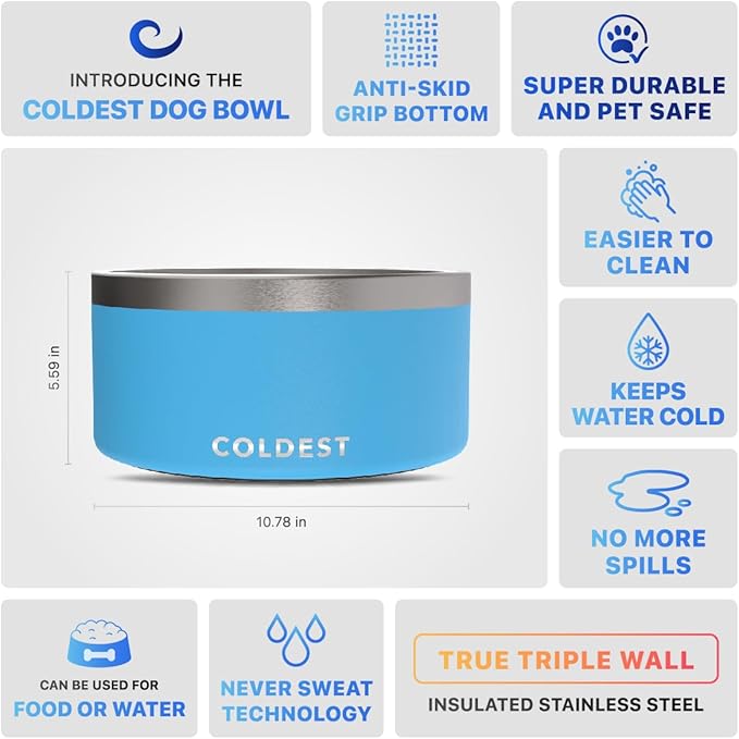 Coldest Dog Bowl - Anti Rust Metal, Non Slip, 3 Layers Insulated Stainless Steel Dog Bowls - Spill Proof &amp; Heavy Duty - Water Bowl for Dogs, Cats &amp; Pets, Dish Washer Safe (200 oz, Celestial Blue)