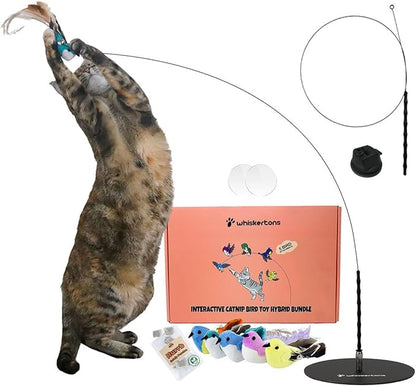 Interactive Catnip Bird Toy Set, Interactive Cat Toys for Indoor Cats, Cat Feather Toy, Suction Cup, Weighted Base, 5 Replacement Birds, Feathers &amp; Bells, Realistic Bird Impression