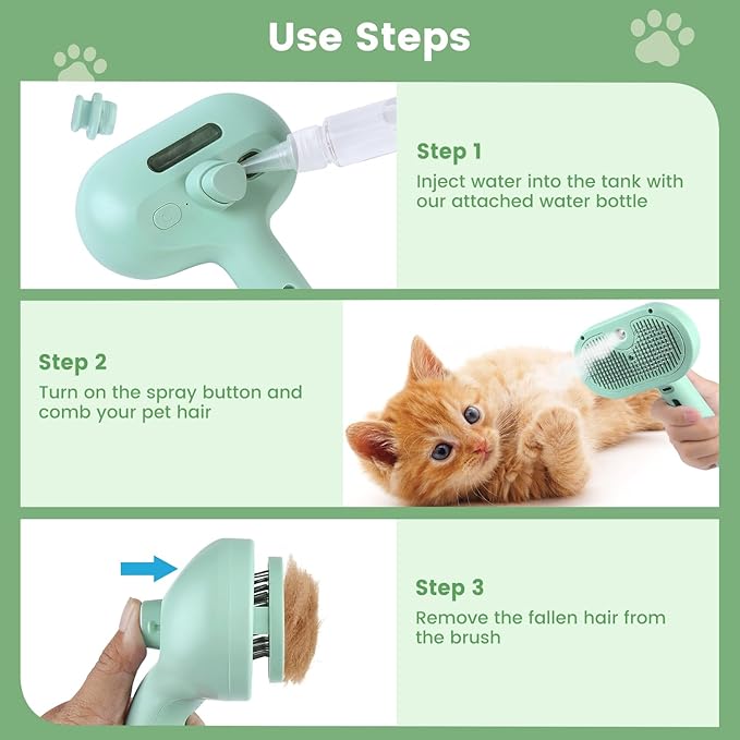 3 in 1 Cat Steam Brush, Pet Spray Hair Removal Comb for Shedding &amp; Grooming, Water Brush for Cats Dogs Small Animals Long Short Haired with One-Click Release Button(Green)