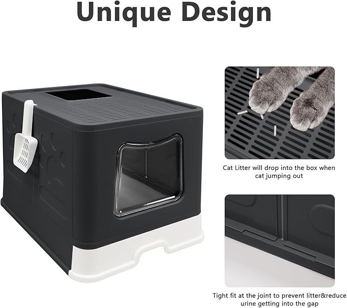 XL Foldable Cat Litter Box with Lid - Jumbo Enclosed Potty - Top Entry Anti-Splashing Toilet - Includes Scoop &amp; 2-in-1 Cleaning Brush (Black)