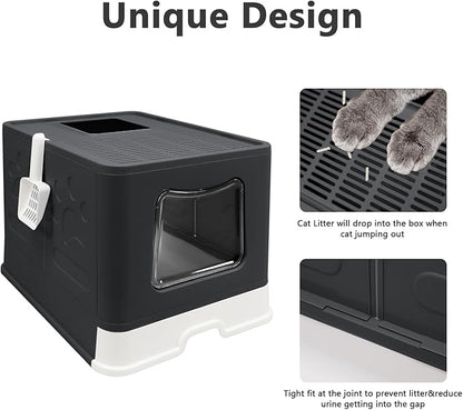 XL Foldable Cat Litter Box with Lid - Jumbo Enclosed Potty - Top Entry Anti-Splashing Toilet - Includes Scoop &amp; 2-in-1 Cleaning Brush (Black)