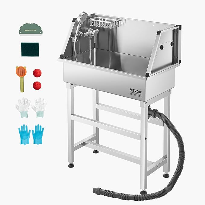 VEVOR Stainless Steel Dog Washing Station, 34 inch Pet Grooming Tub w/Faucet &amp; Showerhead &amp; Soap Holder &amp; Play Balls Simple Dog Bathtub for Multiple Pets, Home Washing Sink