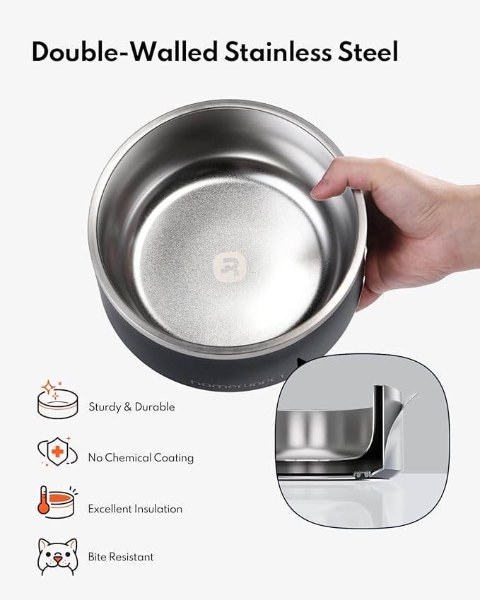 Homerunpet Double Wall Stainless Steel Dog Bowls, Non-Slip Base, Dishwasher Safe, Durable Pet Food &amp; Water Bowl for Dogs &amp; Cats(32oz, Black)