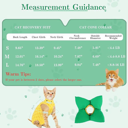 EMUST 2PCS Cat Recovery Suit &amp; Cat Cone Collar Female, Soft &amp; Adjustable Dog Surgery Suit Female Spay for Abdominal Wounds, Cotton Cone for Cats to Stop Licking for Small Female Pets 8-16lb, Yellow, L