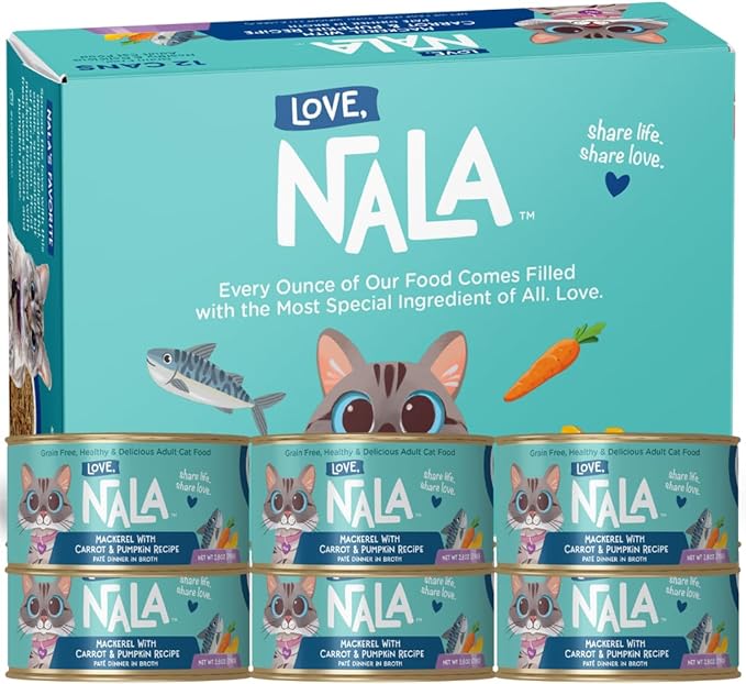 LOVE, NALA - Natural Adult Cat Wet Food - Pate Mackerel with Carrot &amp; Pumpkin Recipe- Grain Free, Non-GMO, Lean Protein, Omega 3, Digestive Fiber Blend, Added Minerals &amp; Vitamins - 12 Pack 2.4 lbs.