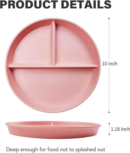 greenandlife 10 Inch 4PCS Unbreakable Portion Control Plates, Divided Plates for Kids Adults, Dishwasher &amp; Microwave Safe Compartment Plate, Lightweight Reusable Wheat Straw Plate, BPA Free