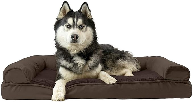 Furhaven Cooling Gel Dog Bed for Large Dogs w/ Removable Bolsters &amp; Washable Cover, For Dogs Up to 95 lbs - Plush &amp; Suede Sofa - Espresso, Jumbo/XL