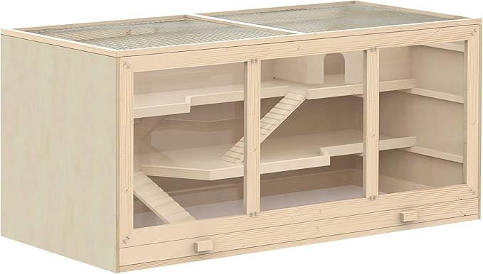 PawHut 45" Extra Large Wooden Hamster Cage, 3-Layer Chewproof Rat Cage with Opening Roof, Hut, Ramps, for Gerbil, Dwarf &amp; Syrian Hamsters, Natural
