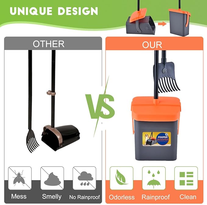 Pooper Scooper Swivel Bin &amp; Rake Kit with 55 Waste Bags, 46" Long Handle Adjustable Portable Non-Breakable Dog Pooper Scooper Easy to Clean Pet Waste