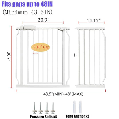 Extra Wide Baby Gate 43.5-48 Inch, Pressure Mounted No Drilling, Heavy Duty Metal for Stairs &amp; Doorways, Indoor Safety Gate for Kids and Dogs, White
