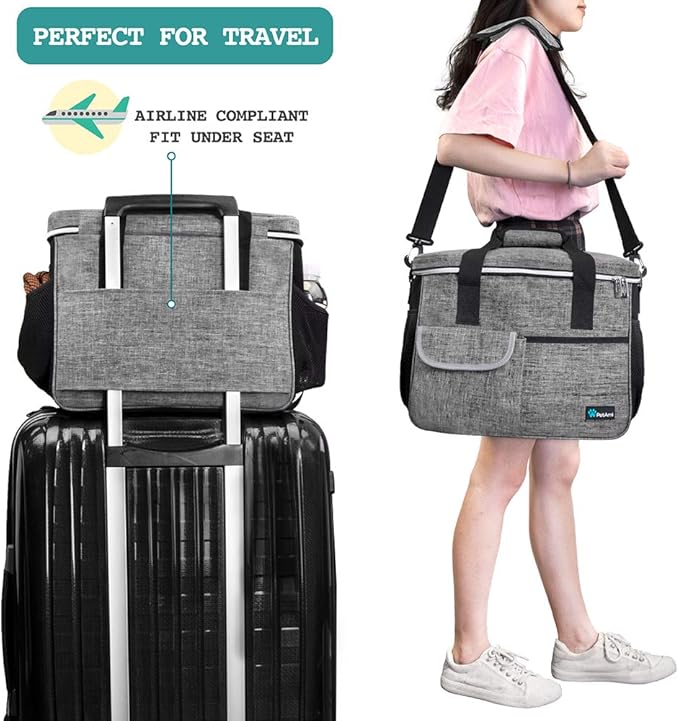 PetAmi Dog Travel Bag - Organizer with Food Container, Bowls &amp; Accessories for Weekend Camping, Cat Diaper Bag (Grey, Medium)
