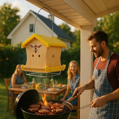 Carpenter Bee House for Outside, Wood Beetrap for Outdoors Insect House Hotel for Garden Stainless Cable Bee Box Without Bottle 2025 New Heavy Duty