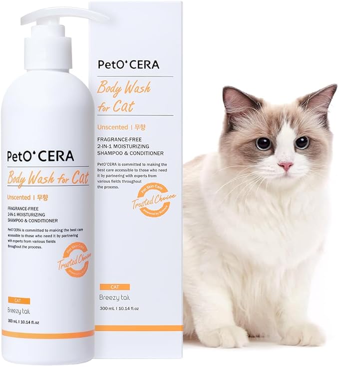 PetO’Cera All-in-One Cat Shampoo and Conditioner | Hypoallergenic Cat Skin &amp; Coat Care | Itch Relief, Moisturizing &amp; Rejuvenating | Veterinarian Approved (10.1oz, 300ml) (Unscented)