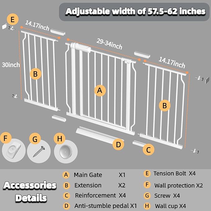 57.5"-62" Extra Wide Auto Closing Baby Safety Gate for Stairs &amp; Doorways, Pressure Mounted No Drill Pet Gate with Walk-Through Door - Heavy Duty Childproof Gate for Toddlers, Kids, Dogs (White)